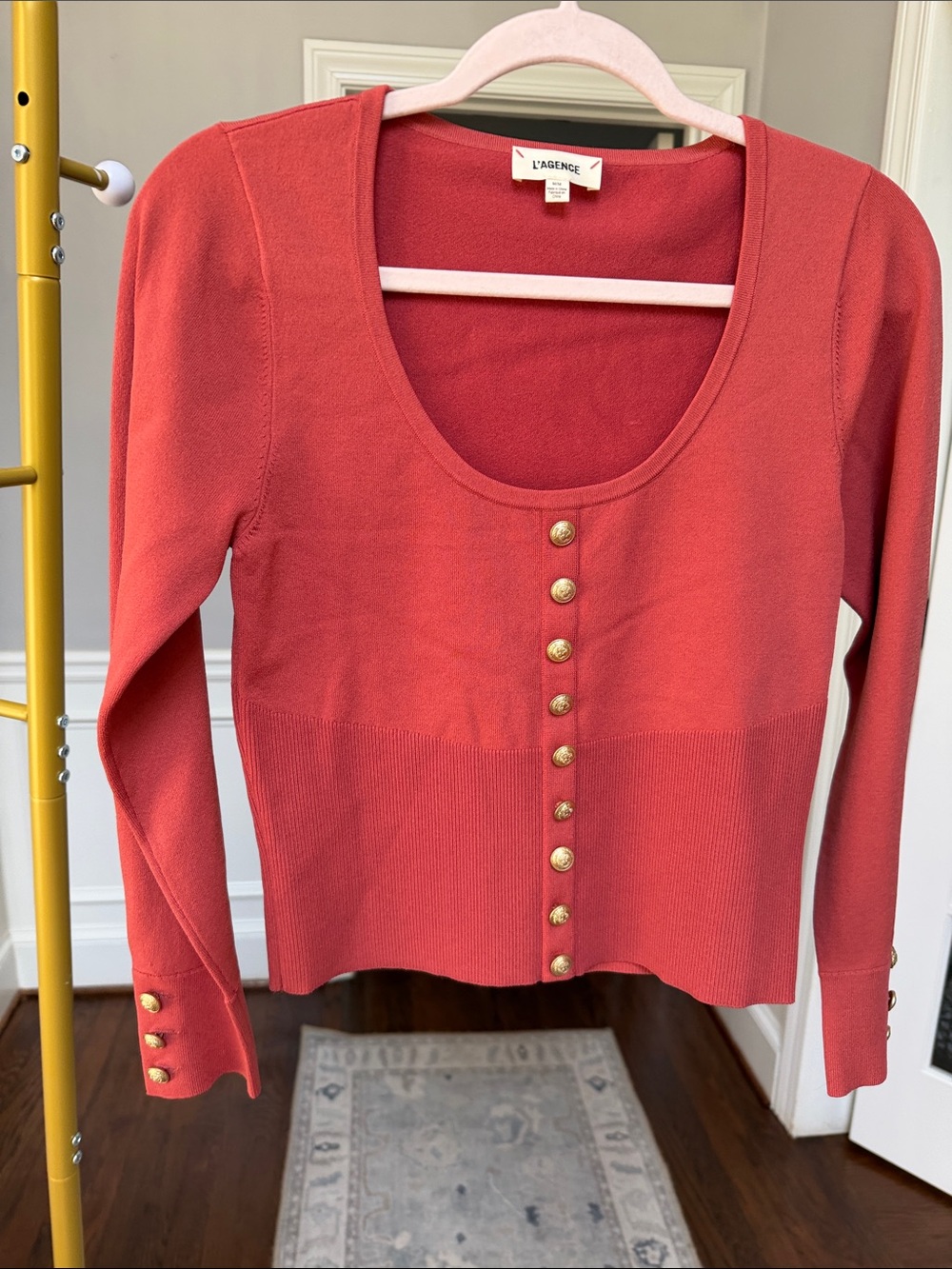 L'AGENCE Coral Scoop-Neck Button Cardigan with Gold Buttons